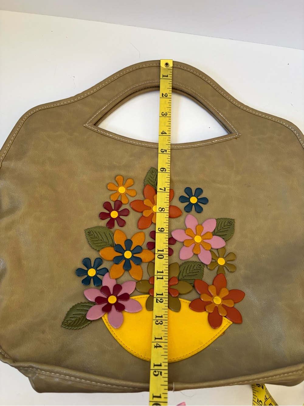 Vintage Y2K Esprit Tote Bag Purse Olive Green Floral Aplique Lagenlook Hippie - Picture 10 of 11